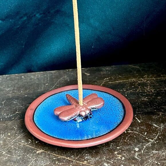 Dragonfly Cobalt Glazed Pottery Incense Holder Trinket Dish - Picture 3 of 6